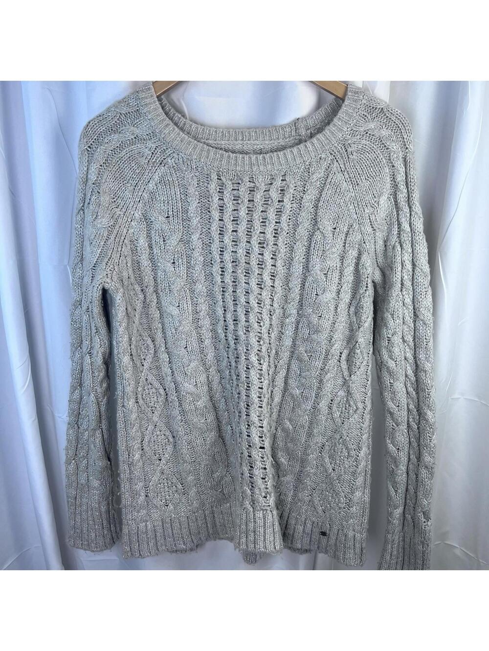 American Eagle Sparkly Grayish Beige Cable Knit Sweater Size MED GUC